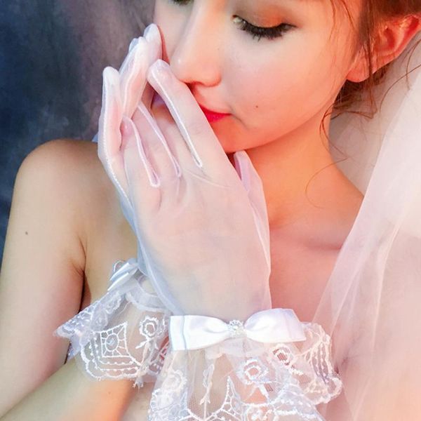 

bridal gloves fashion bride wedding lace bow solid color full finger wrist length female prom dress european and american accessories, White