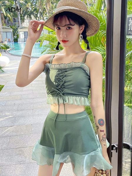 

one-piece suits women's swimwear 2021 summer suit 2 piece swimsuit with skirt ruffles black green high waist bikini bathing swim beachw