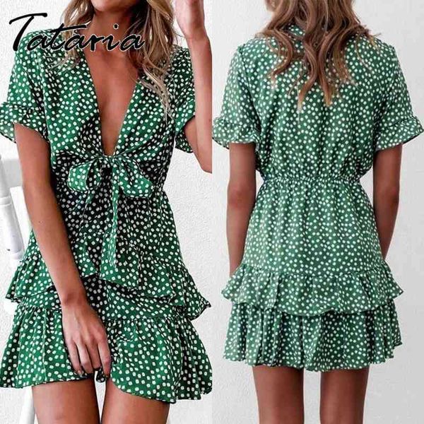 

summer fashion dresses women polka dot boho ruffle mini dress knot deep v-neck party beach holiday femme vestidos 210514, Black;gray