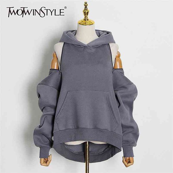 

twotyle casual solid sweatshirt for women hooded collar long sleeve hollow out minimalist sweatshirts female fashion fall 210910, Black
