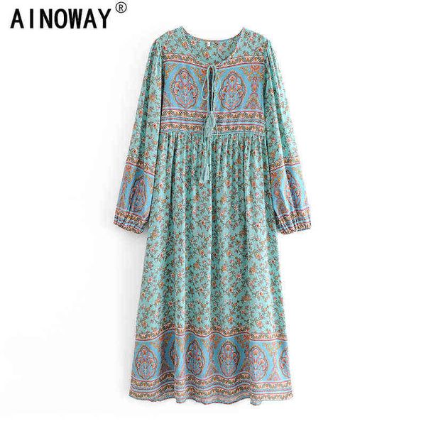 

vintage chic women long sleeve neck tie ethnic green floral print beach bohemian maxi dress ladies rayon cotton boho dresses g1214, Black;gray