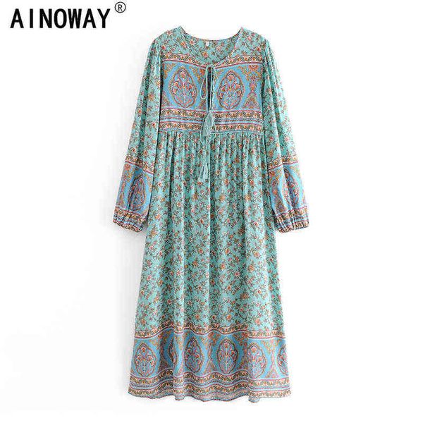 Vintage Chic Mulheres Manga Longa Pescoço Gravata Étnica Verde Floral Impressão Beach Bohemian Maxi Dress Senhoras Rayon Algodão Boho Vestidos G1214