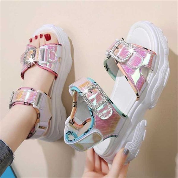 

sandals 5cm height increasing platform women summer sport style chunky girl rhinestone belt buckle beach shoes sandalias mujer, Black