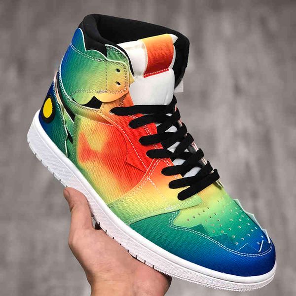

j balvin 1s shoes jumpman 1 white basketball joint smiling face rainbow tie dye designer sport running sneakers