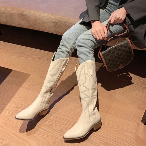 

winter women boots high tube western boots pointed toe square heel side zipper embroidery decoration simple women's boots 210507, Black