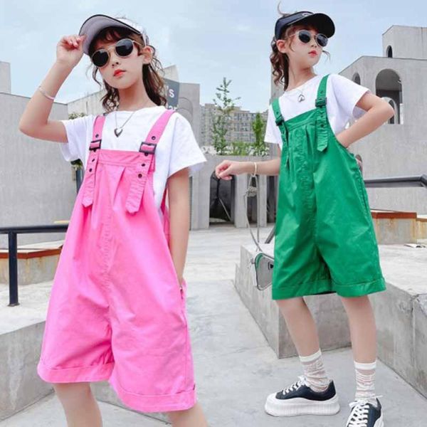 

jumpsuits cultiseed girls summer short sleeve t-shirt+candy color romper 2pc sets overalls big children kids students casual, Blue