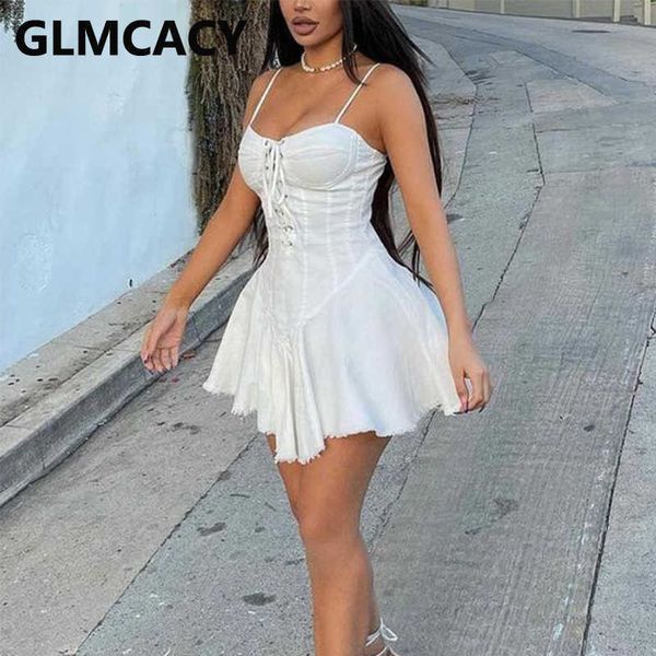 

spaghetti strap lace up front denim mini dress 210702, Black;gray