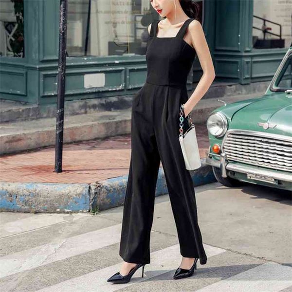 Sexy Backless Jumpsuits Mulheres Sem Mangas Speavetti Strap Bolso Preto Jumpsuit Mulher Longa Calças Plus Size Ol Moda Ropa Mujer 210601