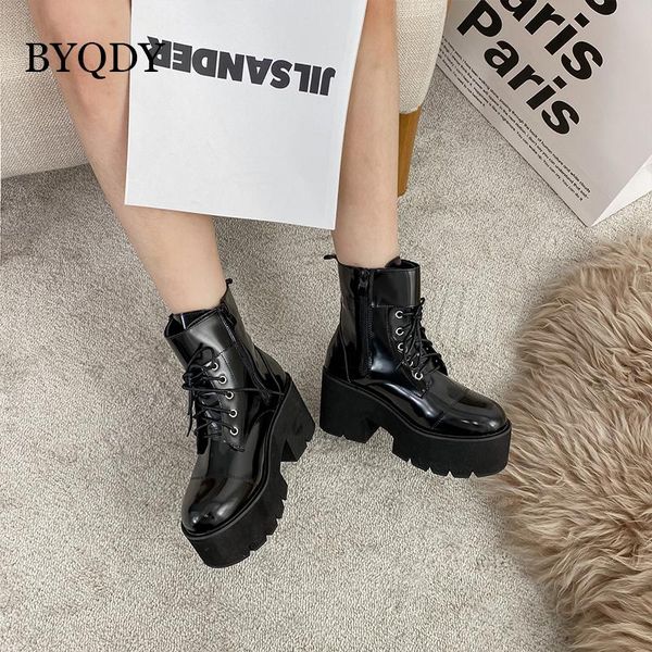 

boots byqdy size 35-41 soft leather autumn for girls lace-up round head chunky platform thick sole working solid black