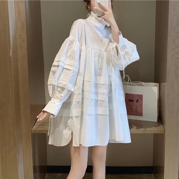 

spring solid ruffled patchwork stand collar medium-length petticoat loose all-match dress women 210421, Black;gray