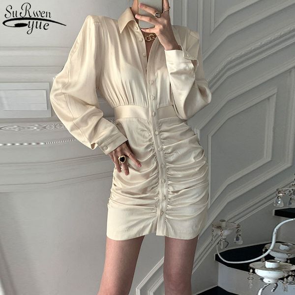

korean fashion chic temperament solid pleated dress women puff long sleeve single breasted mini dress vestido 13064 210417, Black;gray