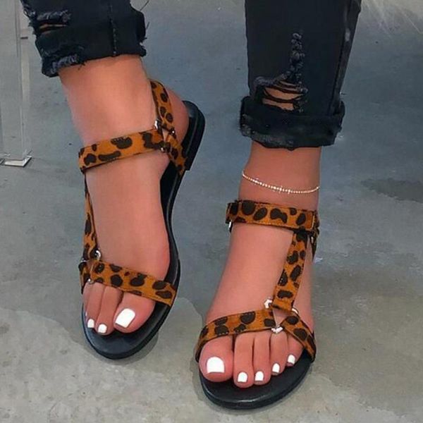 Sandalen Animal Print Flacher Knöchelriemen Offene Spitze Freizeitstrand