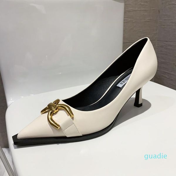 

fashion-dress shoes spring women high heels thin heel pointed toe cut out metal buckle elegant office lady pumps, Black