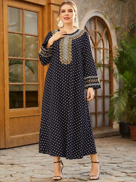 

casual dresses 2021 spring autumn abaya dubai dress women polka dot print embroidery loose plus size maxi long islamic clothing, Black;gray