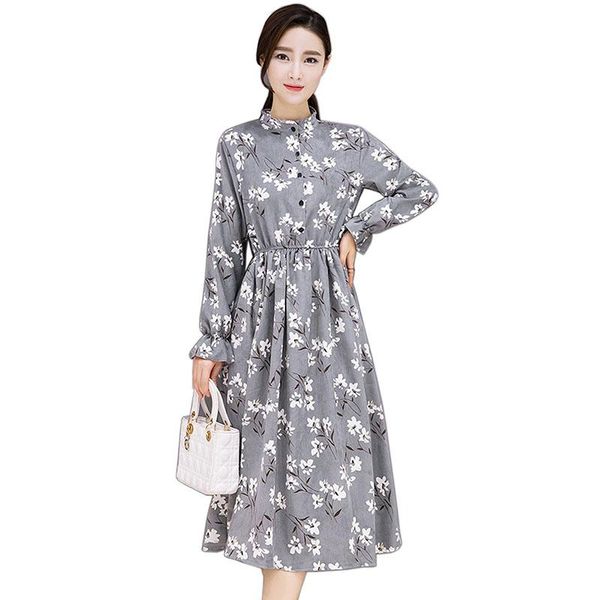 

casual dresses women long maxi dress sleeve ethnic autumn female stylish style elastic waist stand neck printed floral vestido, Black;gray