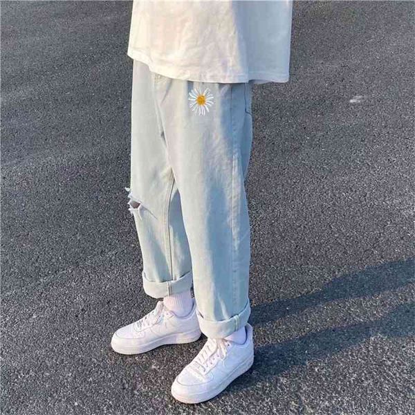 

men's jeans hole straight tube light color brand summer wide leg loose korean fashion versatile capri pants 02cz, Blue