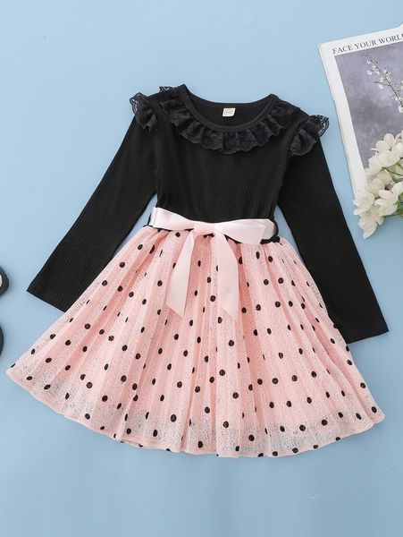 

toddler girls polka dot contrast lace belted pleated hem dress she, Red;yellow