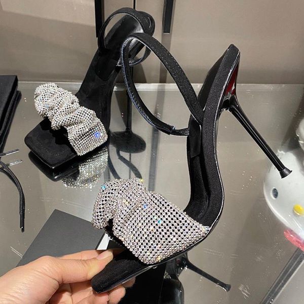 

dress shoes 2021 summer stilettos female shiny pleated rhinestone design sandls real leather open toe back strap women party, Black