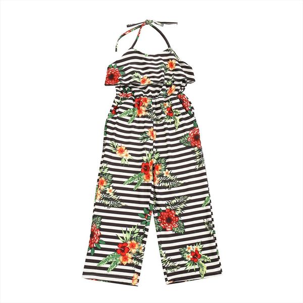 

kids girls halter striped floral print jumpsuit stylish for children, Blue