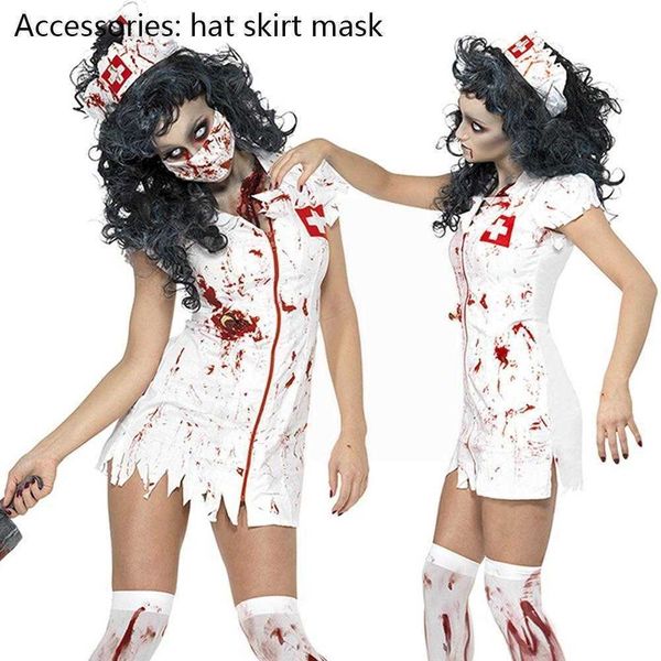 Halloween Krankenschwester Cosplay Uniform Kostüm Zombie Rolle Blut Dessous Outfits Anzug Dämon Arzt Sexy V8I1 Y0903