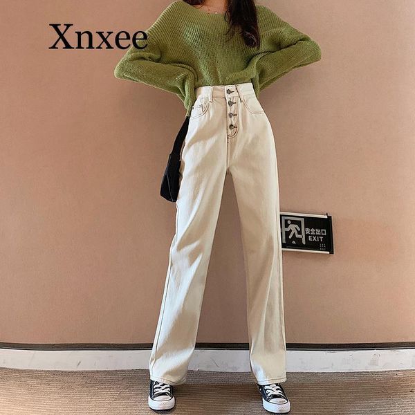 

women's jeans white wide leg women high waist loose straight denim pants plus size vintage mom boyfriend summer 2021 street, Blue