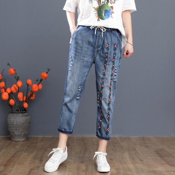 

women's jeans korean style fashion ladies punk streetwear embroidery ripped women vintage printed harem pants mujer, Blue