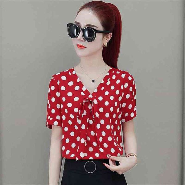 

women spring summer style polka dot printed blouses lady casual short sleeve chiffon blusas df3119, White