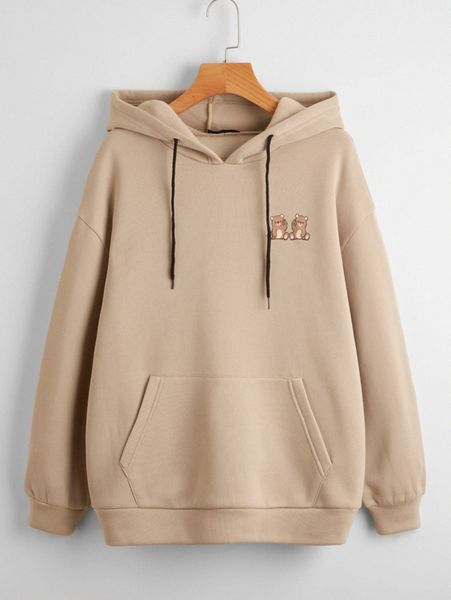 

bear print kangaroo pocket drawstring hoodie 21f0#, White;black