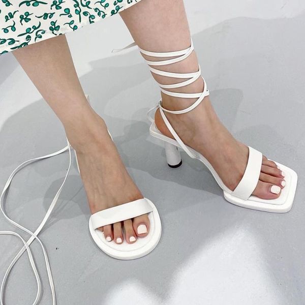 

sandals termainoov women high heels ankle strap 2 styles fashion round heel lace up gladiator sandal heeled square toe sandalias, Black