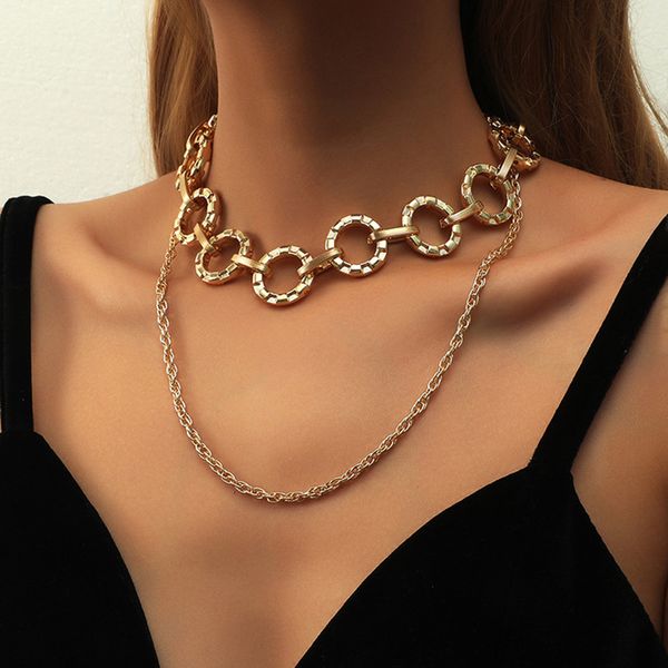 

popular necklace hip hop multi-layer chain geometric ring pendant thin chain, Silver
