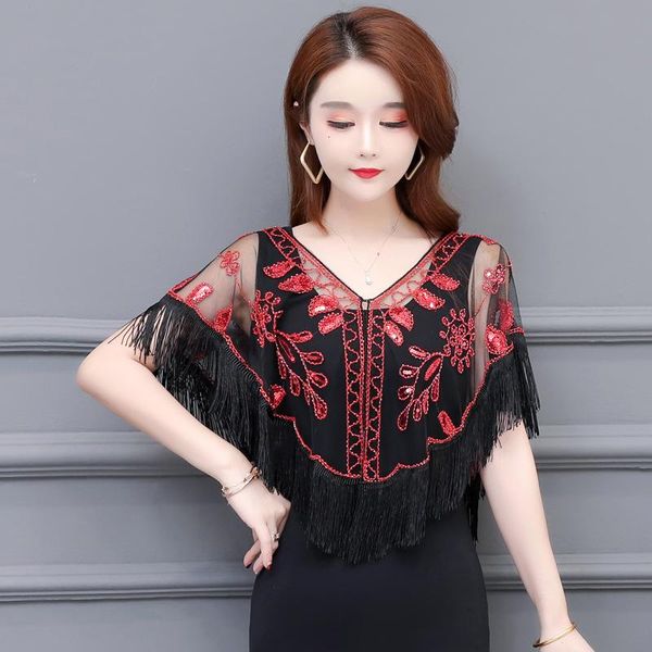 

women's jackets 21 summer gauze cape cloak female short embroidered outer fashion tassels buckle small shawl ol office coat, Black;brown
