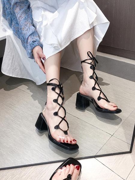 

dress shoes thick heel sandals female 2021 summer bare feet lace fashion transparent roman high heels, Black