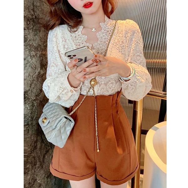 

women's blouses & shirts cotton long sleeve lantern v neck button up shirt vintage korean style spliced patchwork slim elegant spring, White
