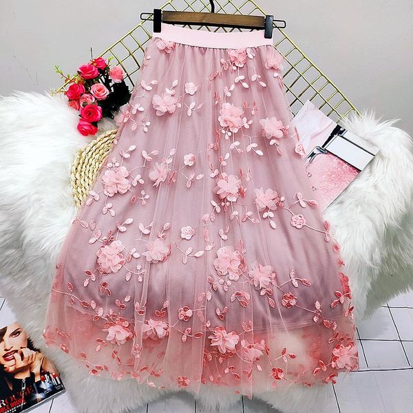 

skirts spring and autumn women embroidery floweral mesh pleated skirt 2021 3 layers long tulle tutu jupe longue, Black
