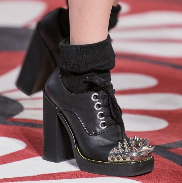 

drop black red white genuine leather punk style spike lace up pumps woman 5 cm 9 chunky heels round toe single shoes dress