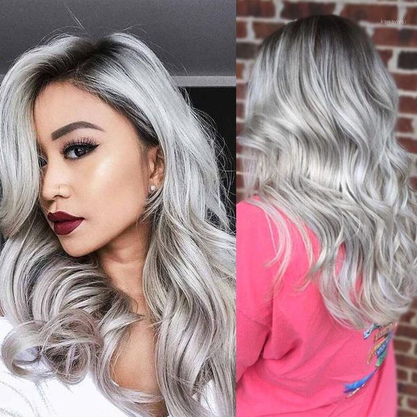 

28inch synthetic wavy ombre wig for women black gray heat resistant high temperature fiber long cosplay sx2071