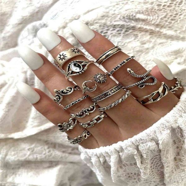 

trendy female geometric sun crown ring set wheat ear gossip picture star 15-piece anillo joyas de mujer anillos, Silver