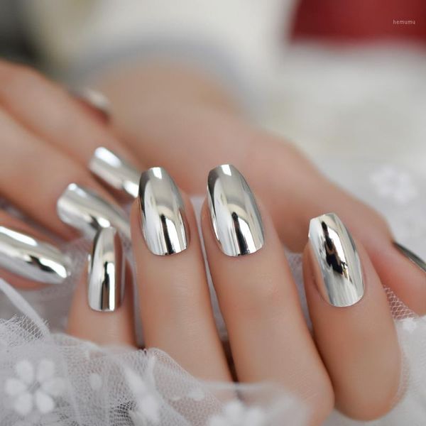 

bright silver artificial mirror nails set coffin shaped nail metallic chrome acrylic kit with adhesive tabs1, Red;gold
