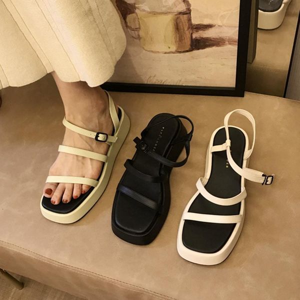 

sandals 2021 fashion woman low wedges heel round toe slides ladies narrow band summer outdoor beach slip on gladiator shoes, Black