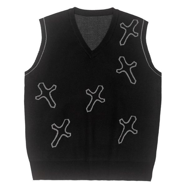 

men's vests knitted vest autumn and winter hip hop retro sweater aboriginal jacquard ins hong kong style couple v-neck coat, Black;white