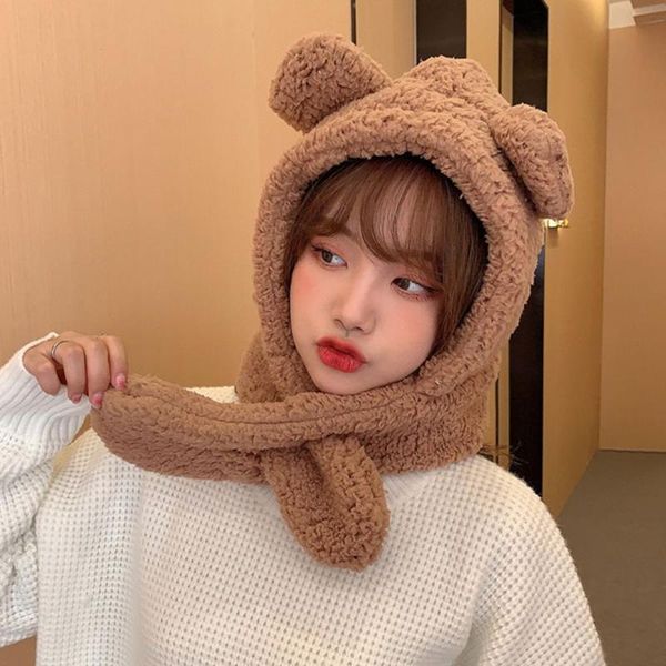 

beanies women windproof scarf plush cute bear ear hat caps winter hats earflap earmuff