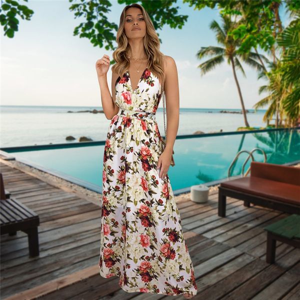 

women's v neck suspender dresses spring summer new sleeveless hight waist floral printed long dresses for fashionable 210413, Black;gray