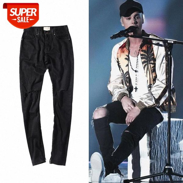 

men's jeans fear of god black cow knee holes quan zhilong gd slim zipper pants #sc3o, Blue