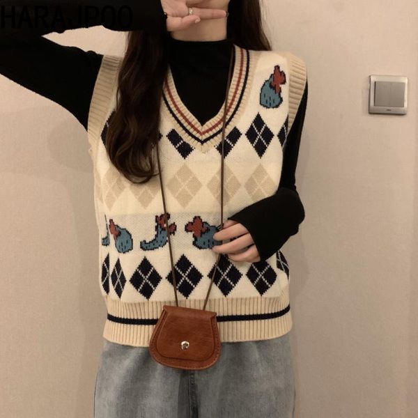 

women's vests harajpoo women white embroidery v neck knit sweater early autumn lazy 2021 loose thin fashion argyle jackets tide, Black;white