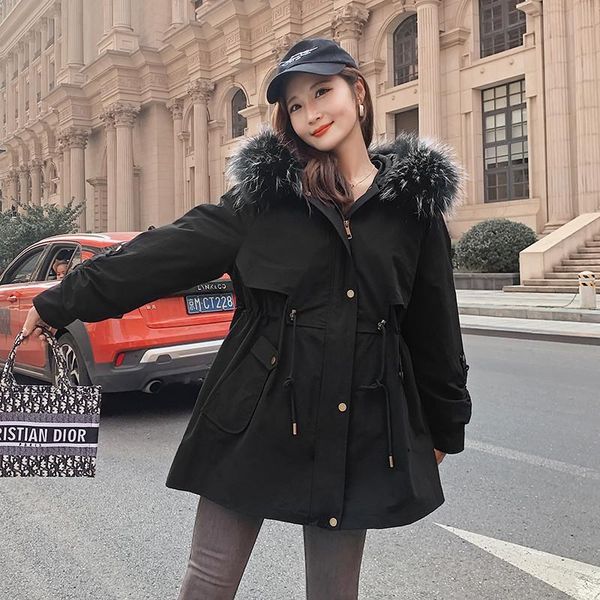 

women's fur & faux women fashionable bubble rex liner coat hooded cotton parker jacket large collar trim winter warm 2021, Black