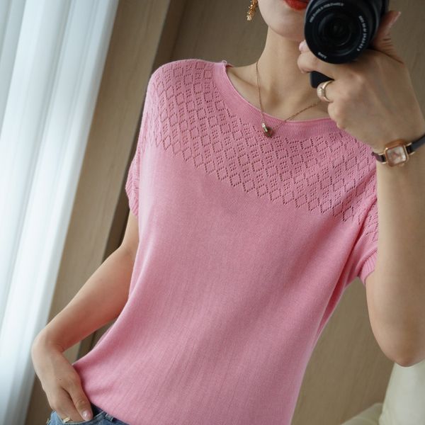 

t-shirt women's summer silk round neck hollow out sleeveless t-shirt 2020 new loose solid short sleeve ice hemp top, White