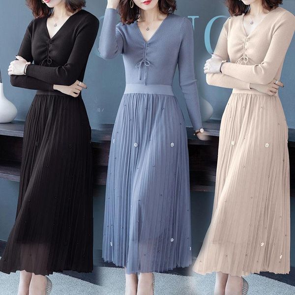 

women's sweaters autumn winter women knitted dress ladies long sleeve v neck bow slim fashion causal graceful solid sweater dresses w43, White;black