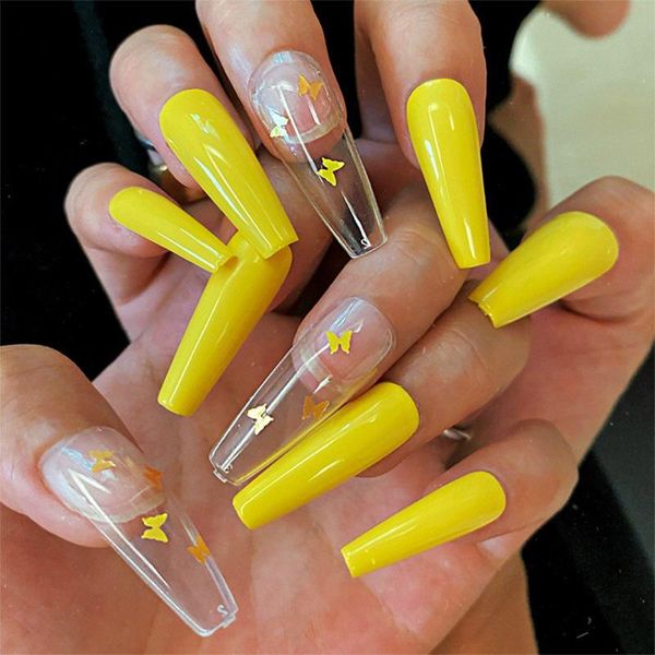 

false nails 24pcs long french nail ballerina fake yellow butterfly pattern square decal press on tips, Red;gold