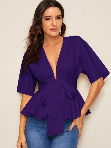 

plunging neck tie waist peplum t2mm#, White