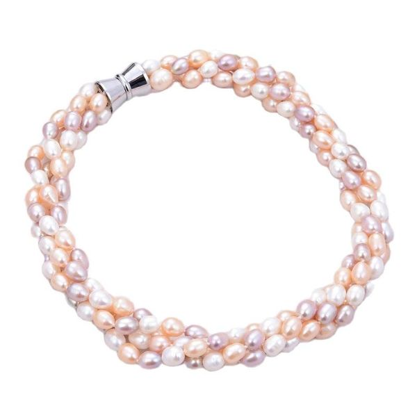 

chokers jk 20'' 4 strands 9-10mm multi color rice pink white purple pearl necklace for women, Golden;silver